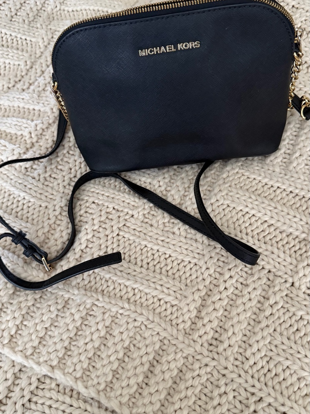 Michael Kors Black Saffiano Dome Crossbody with Gold Hardware